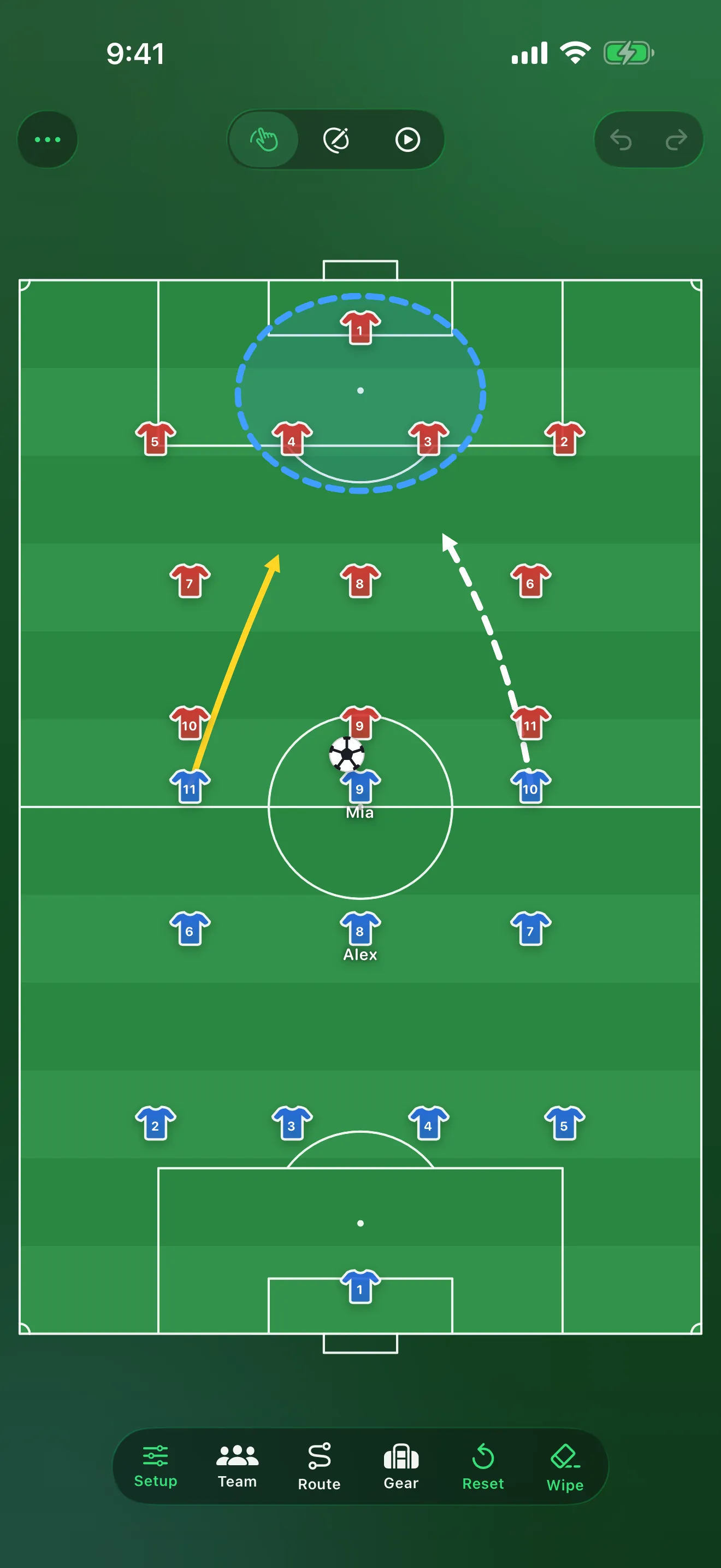 TactiTurf board with two teams in jersey tokens on a full pitch