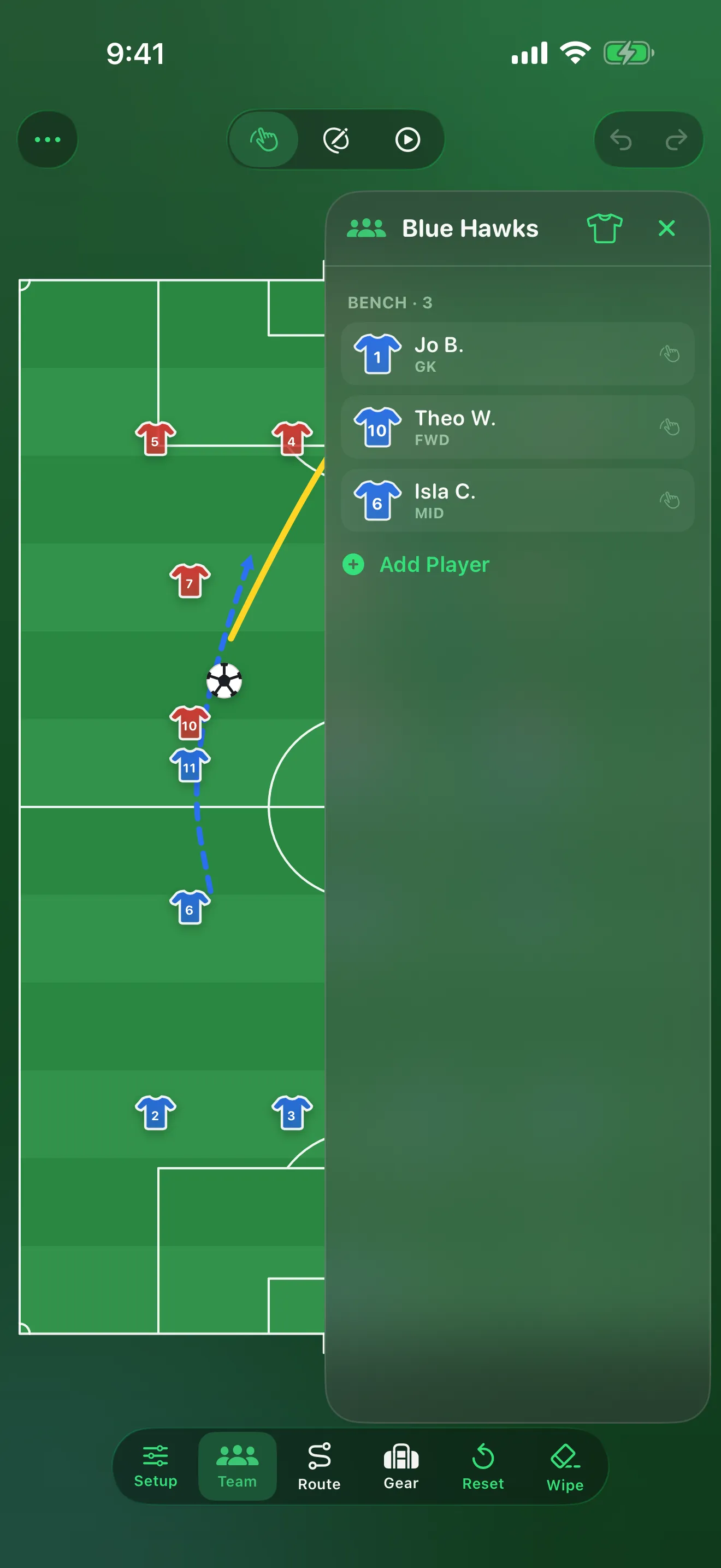 TactiTurf team panel showing the bench with named players