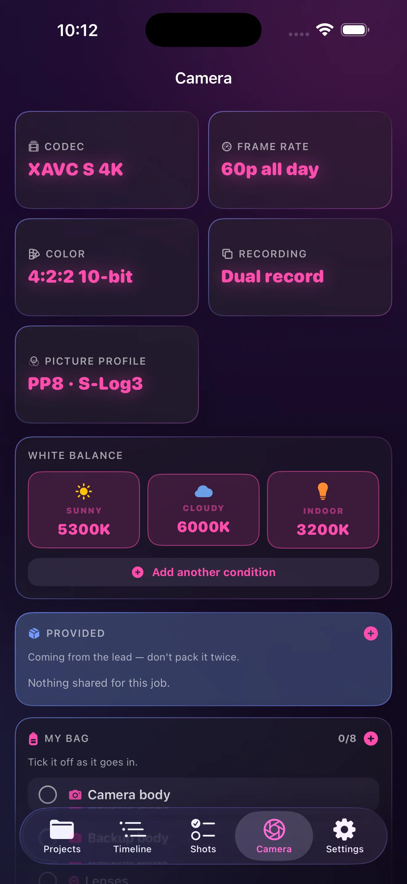 BasePlate camera settings with codec, frame rate, picture profile and white balance log
