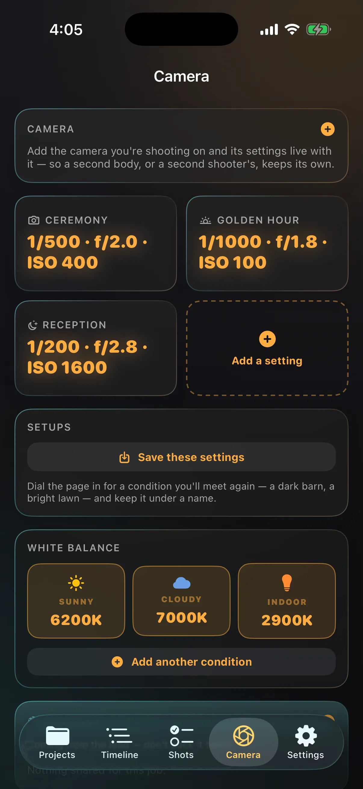 BasePlate camera settings showing exposure for ceremony, golden hour and reception, plus a white balance log