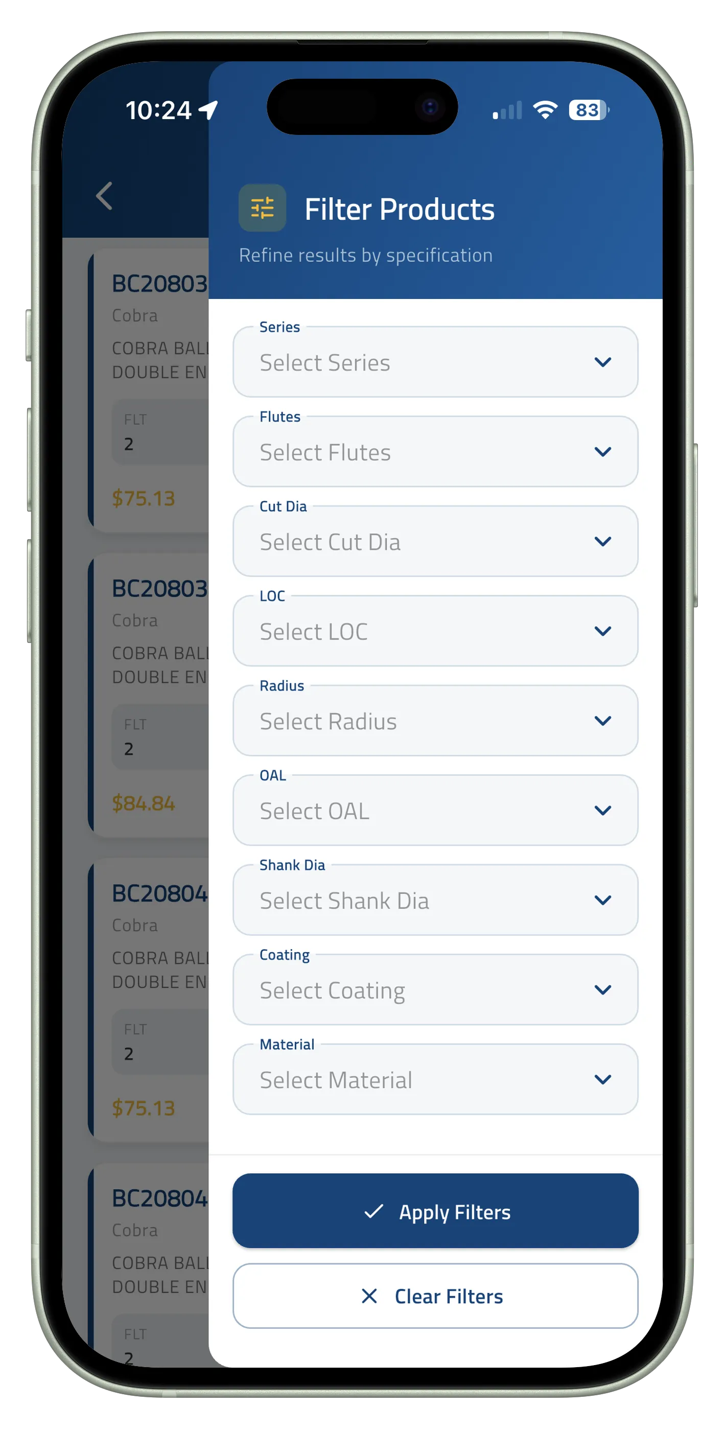 Destiny Tool catalog filter drawer refining products by specification