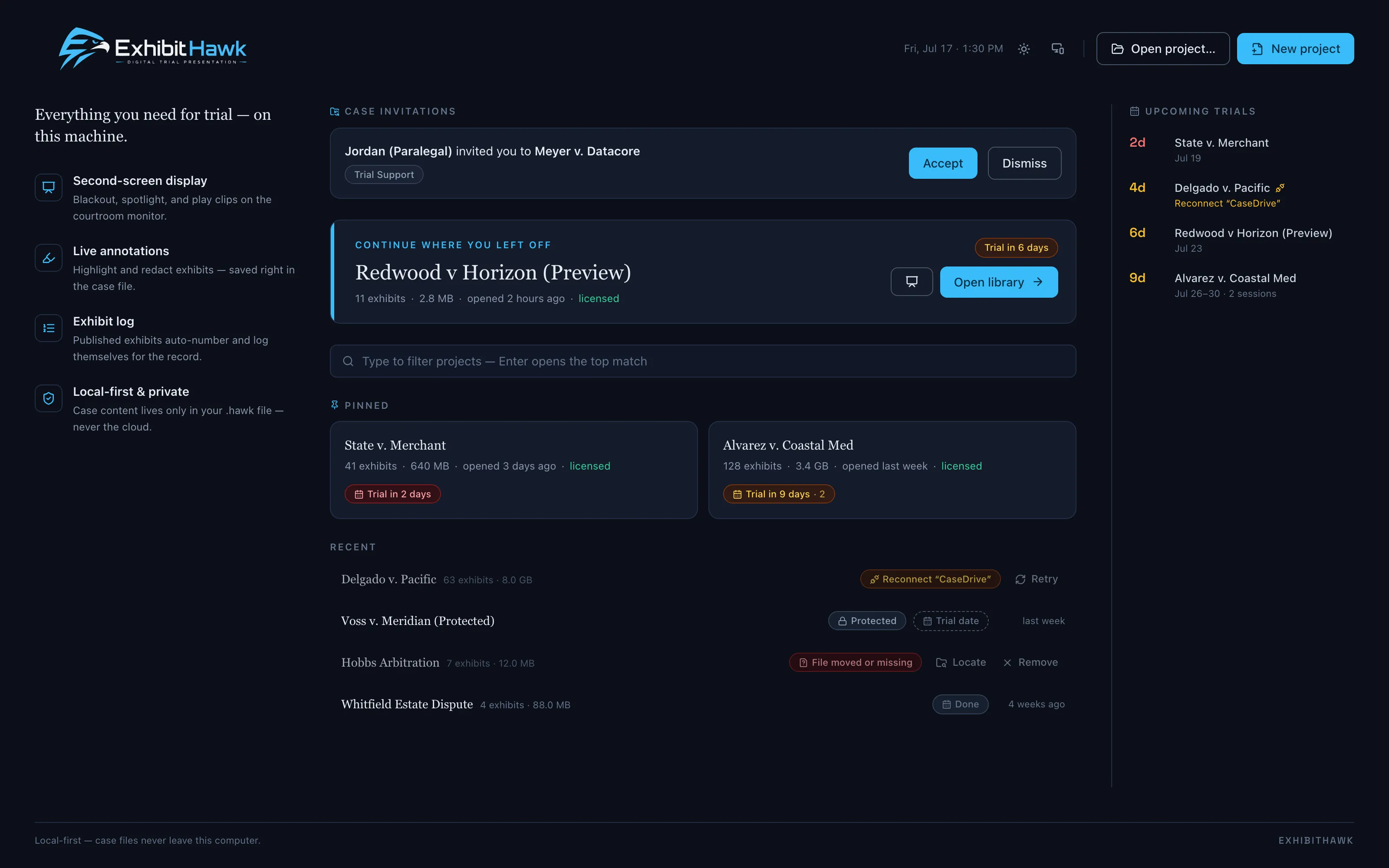 ExhibitHawk home screen listing cases, upcoming trials and case invitations