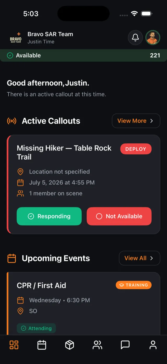 SAR21 on iPhone showing an active deploy callout with respond and decline buttons
