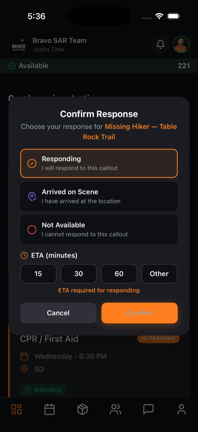 SAR21 confirm response sheet with responding, arrived on scene and unavailable options plus an ETA picker