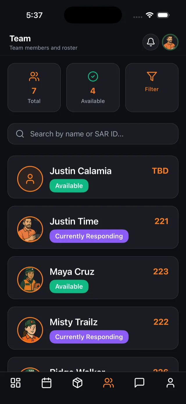 SAR21 team roster listing members with availability status and SAR numbers