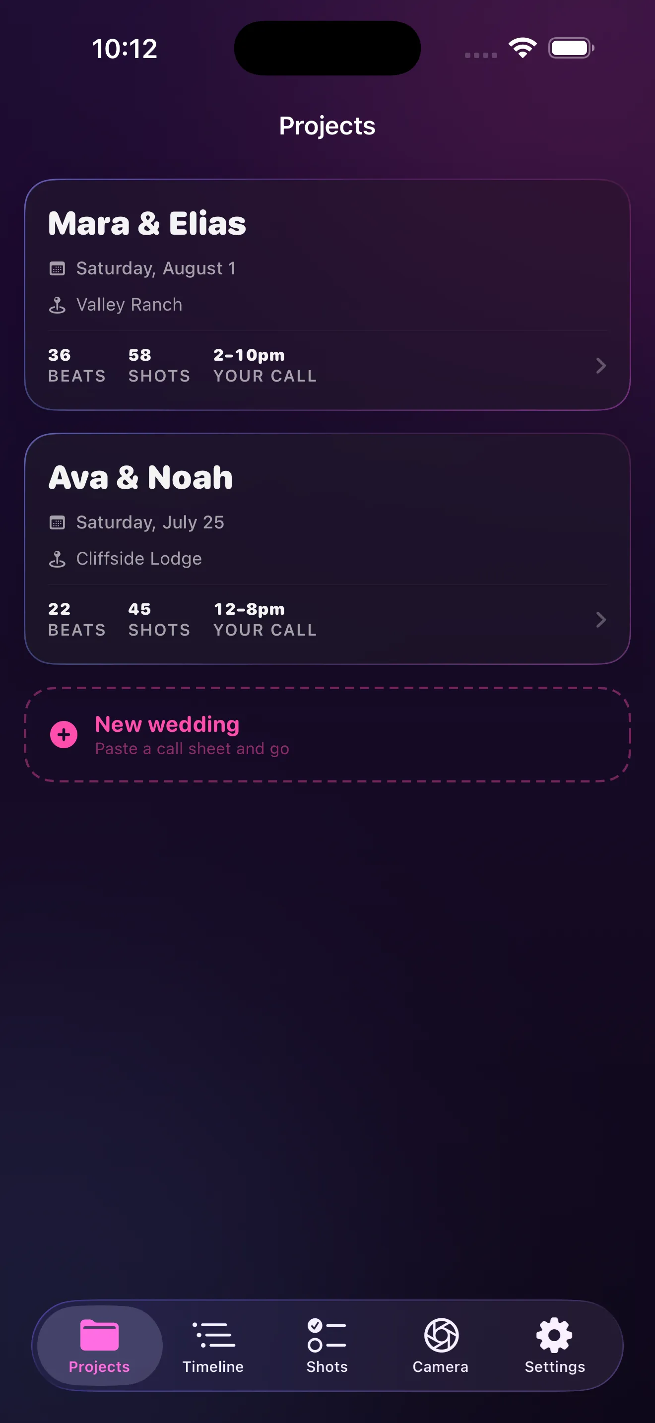 BasePlate projects list showing two weddings with beat and shot counts