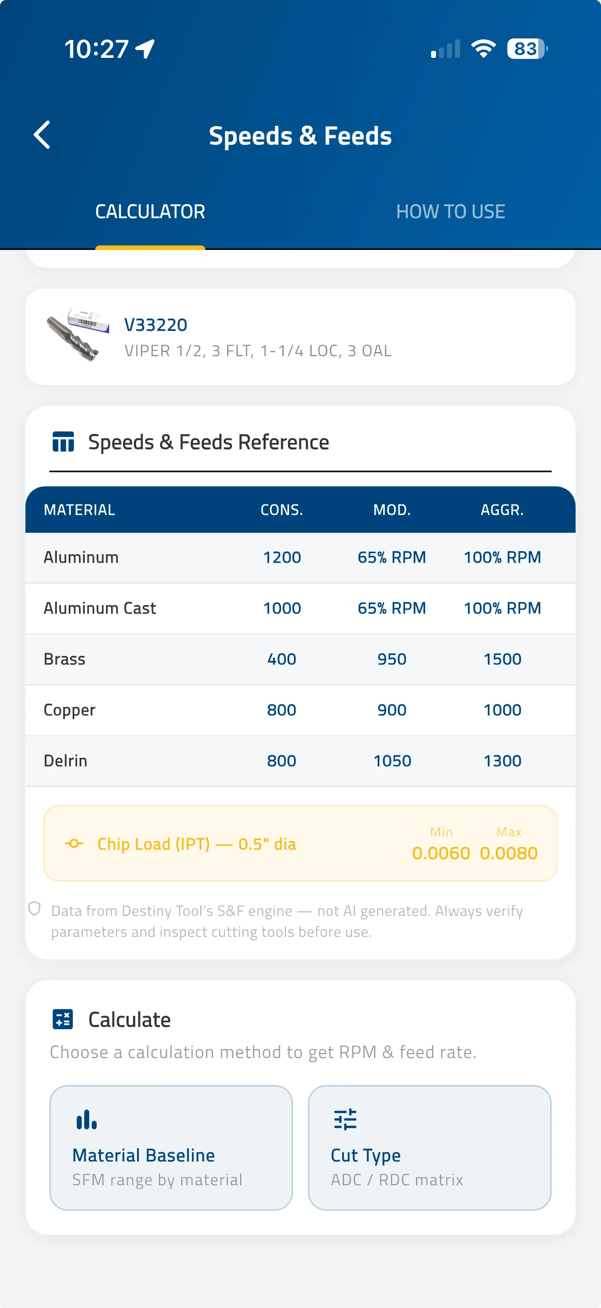 The speeds and feeds calculator with SFM and IPT sliders