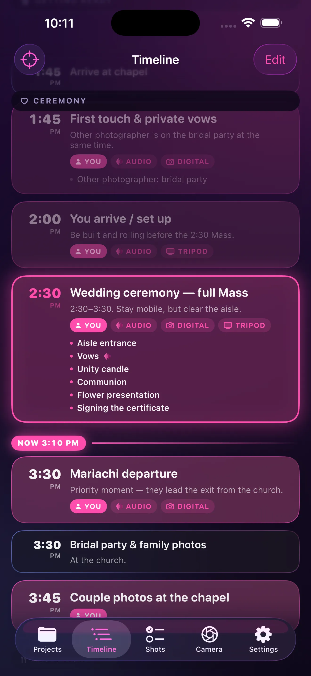 BasePlate timeline with the NOW line at 3:10 PM and a highlighted ceremony beat