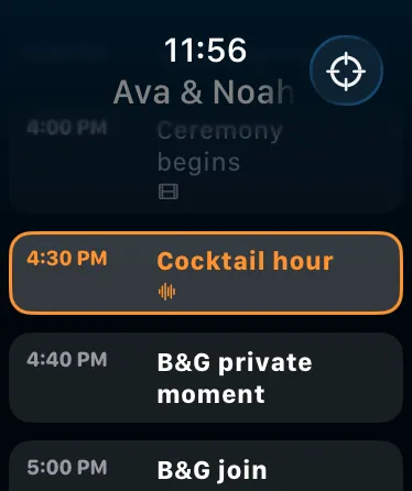 BasePlate on Apple Watch showing the ceremony as the live beat at 4:00 PM
