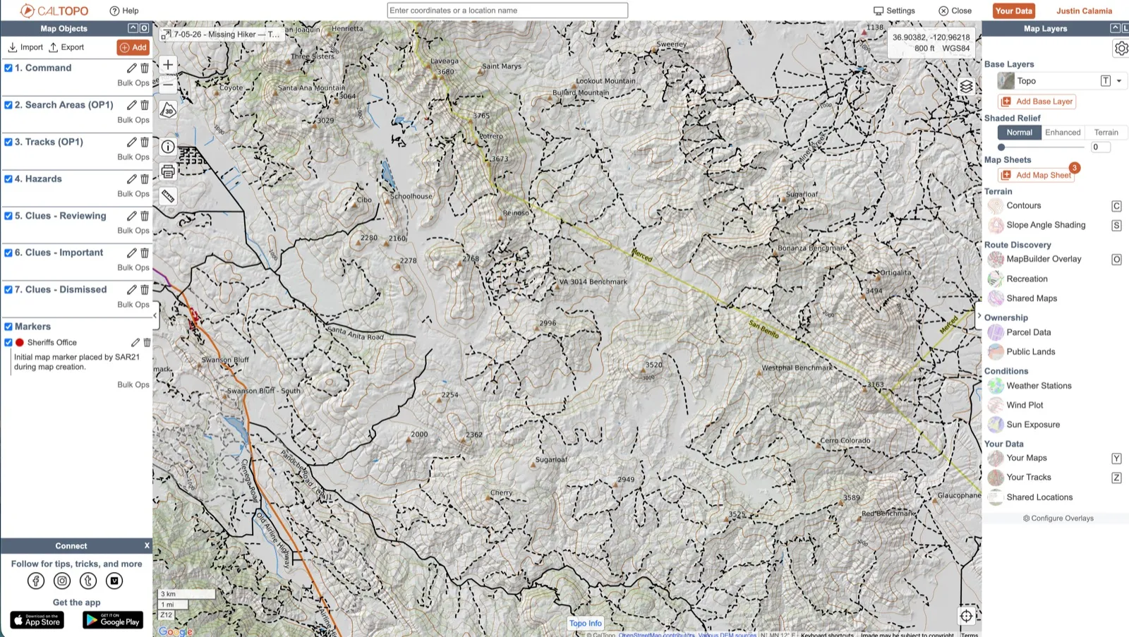 A CalTopo map generated by SAR21 for a callout