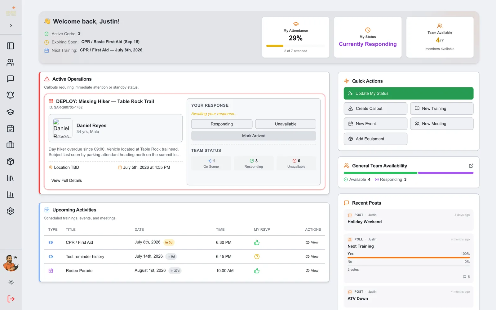 SAR21 web dashboard showing an active deploy callout and team availability